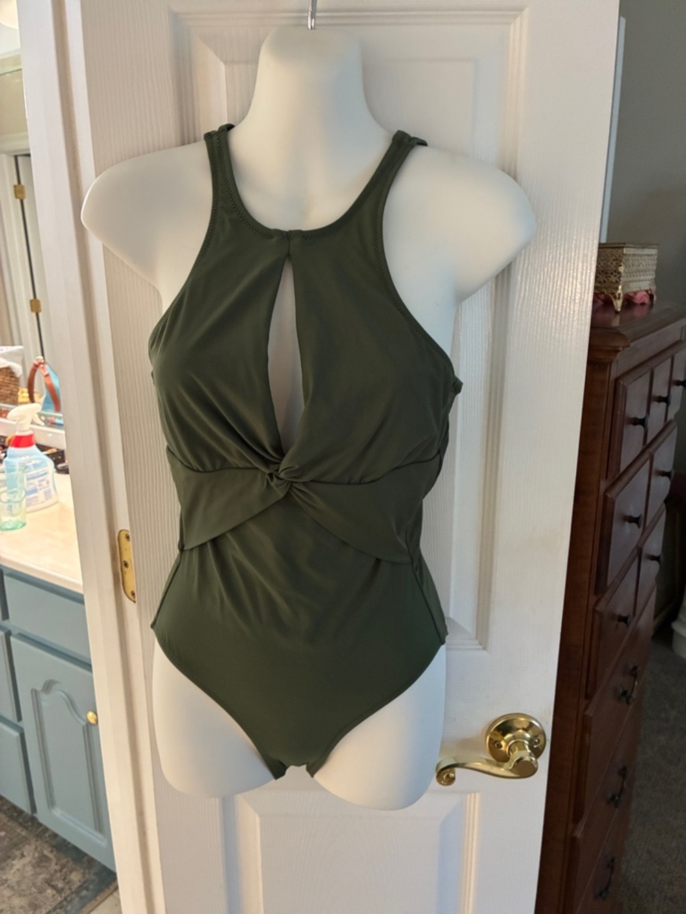 Helen Jon Olive Green One-Piece Swimsuit with Gold Logo No Padding SZ S